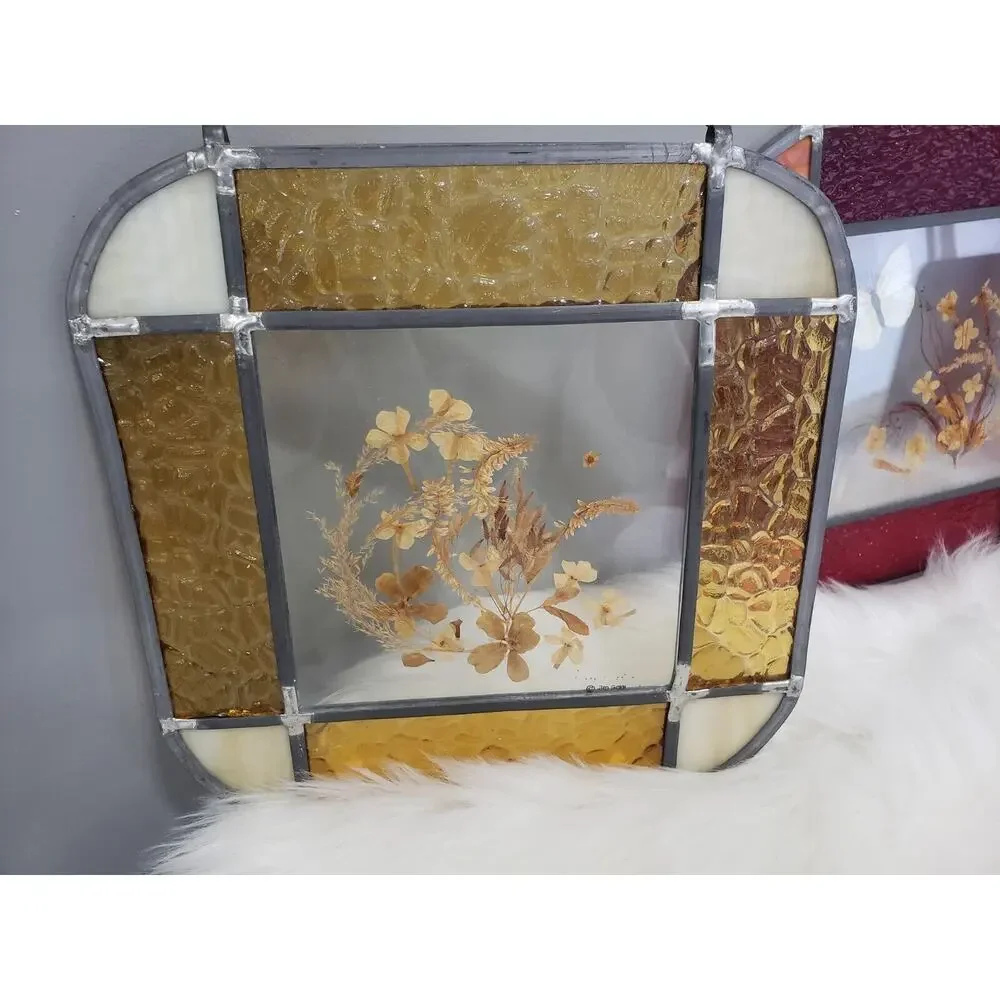 Vintage Real Butterfly Dried Pressed Flower Stained Glass Sun Catcher Decor Boho
